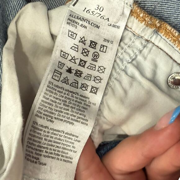 AllSaints Blue Phoenix Distressed Raw Hem Light Wash Skinny Ankle Jeans size 30 - Picture 7 of 9